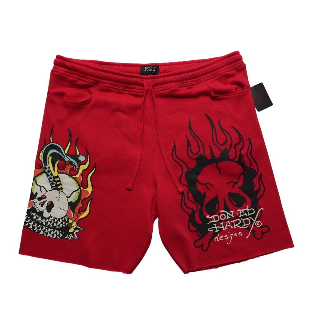 Ed Hardy Fleece Shorts Mens XL Red Graphic Skull Dragon Raw Hem Y2K EHM8000-19R